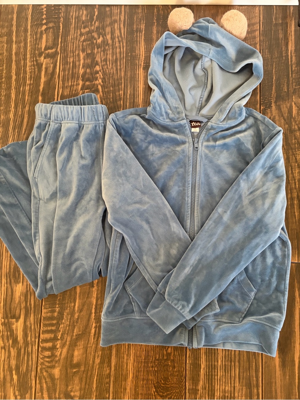 Tea Collection Dusty Blue Velour Hoodie & Joggers Set with Ear Details - 10